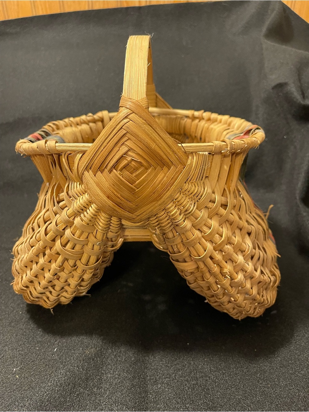 Antique Gathering Buttock Basket. Woven Natural Brown Handled Storage Basket